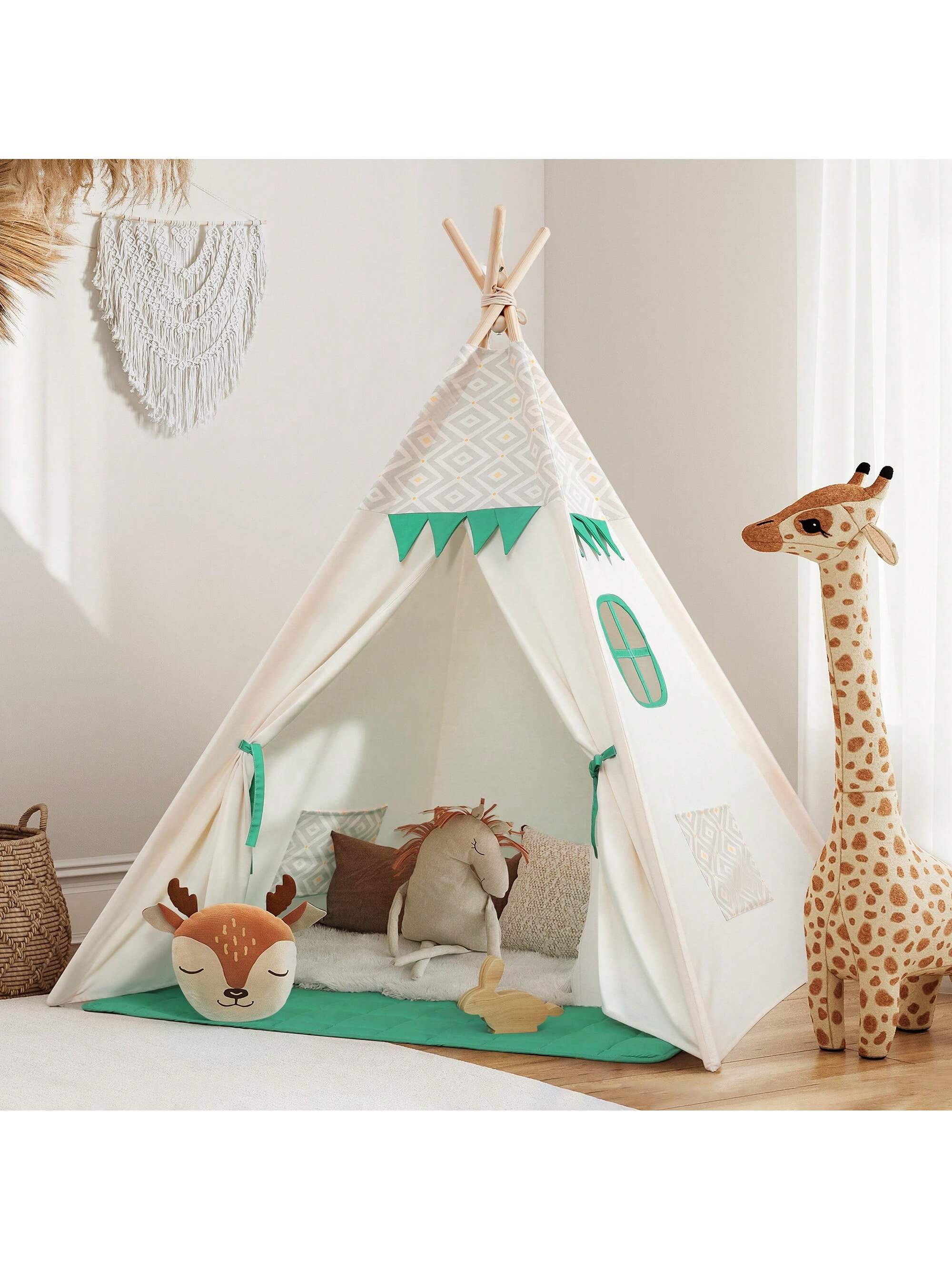 Foldable Kids Canvas Play Tent with Padded Mat & Light String