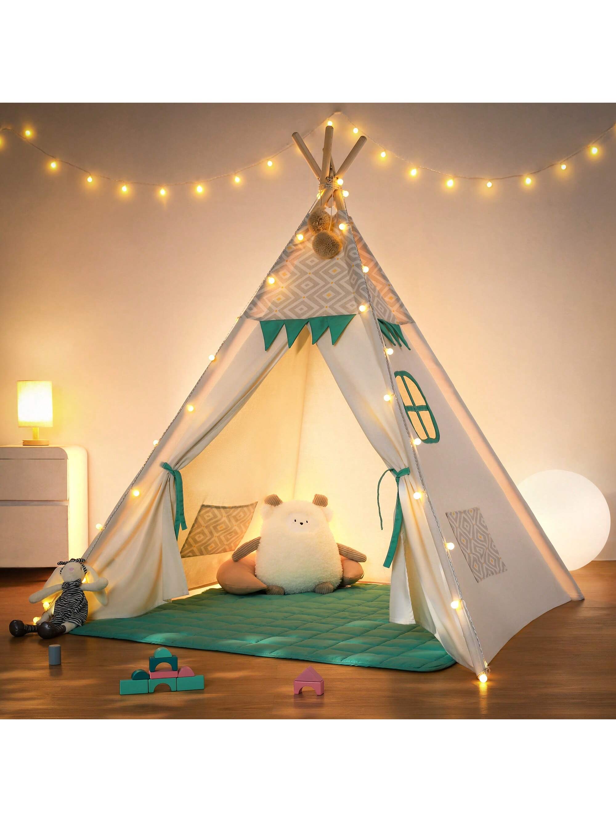 Foldable Kids Canvas Play Tent with Padded Mat & Light String