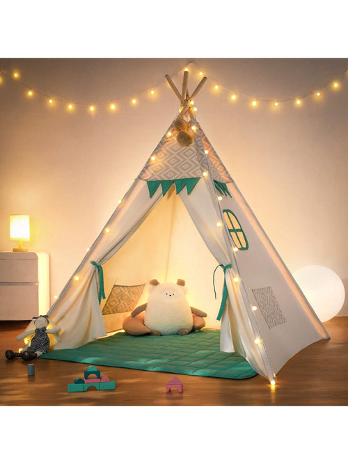 Foldable Kids Canvas Play Tent with Padded Mat & Light String