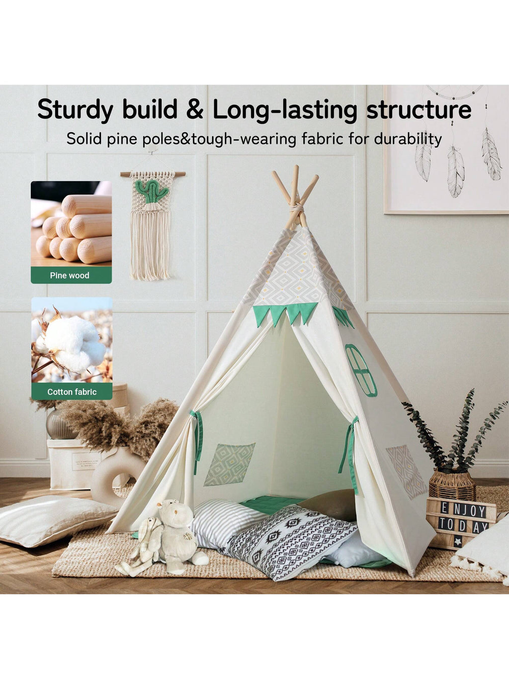 Foldable Kids Canvas Play Tent with Padded Mat & Light String